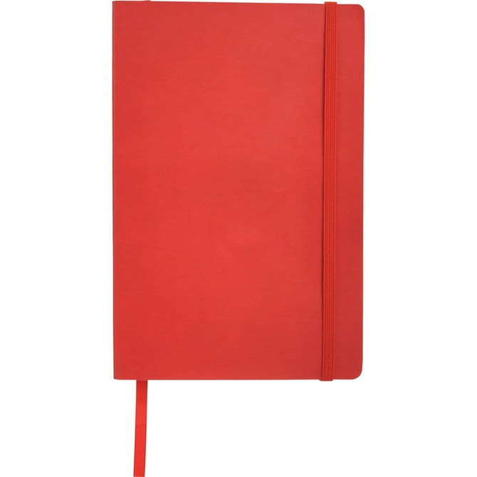 A red soft bound journal with an elastic closure and a ribbon bookmark.