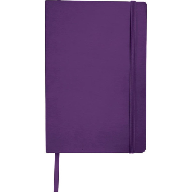 A purple soft-bound journal with an elastic closure and a ribbon bookmark, featuring a logo on the front cover.