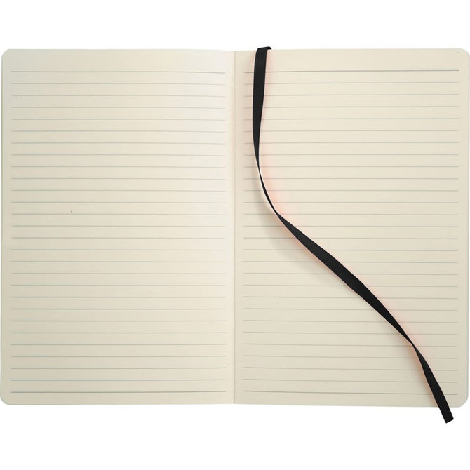 A soft-bound journal with lined pages and a black ribbon bookmark, featuring a minimalist design.