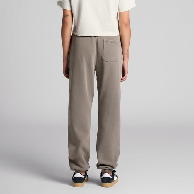 Faded taupe track pants with a back pocket, featuring an elasticised waistband and tapered cuffs.