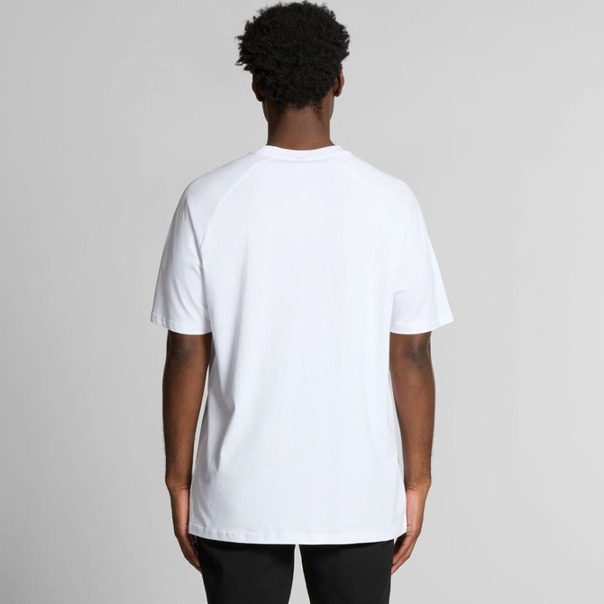 A white Staple Raglan Tee featuring a simple design and short sleeves, with a logo on the back.