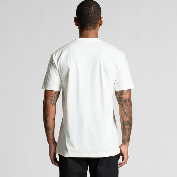 A plain white organic t-shirt with short sleeves, featuring a logo on the back.