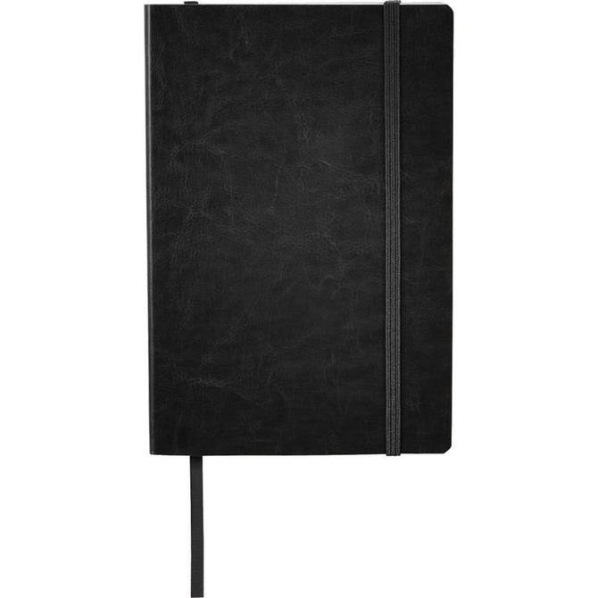 A black soft bound journal with an elastic closure and a ribbon bookmark. It features a textured cover and includes a logo.