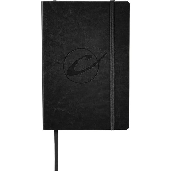 A black soft bound journal featuring an elastic closure and a logo on the cover. It has a ribbon bookmark.