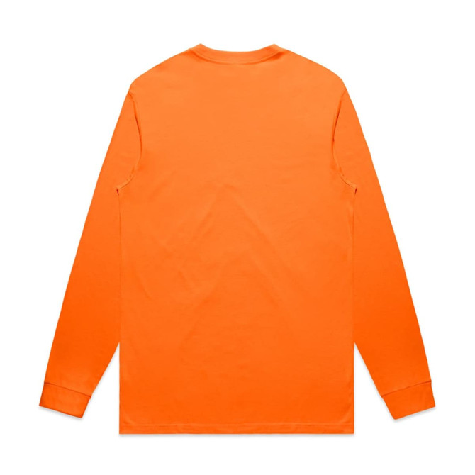 A long-sleeve work t-shirt in vibrant orange with a plain back and a logo on the front.