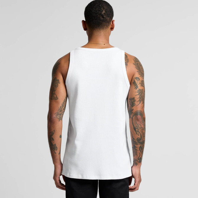 A white organic rib singlet displayed on a model from the back, showcasing tattooed arms and a minimalistic design.