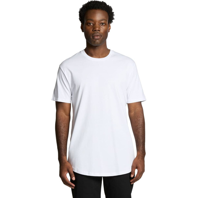 A white Staple Curve Tee with short sleeves, featuring a subtle logo. The model is standing against a plain background.