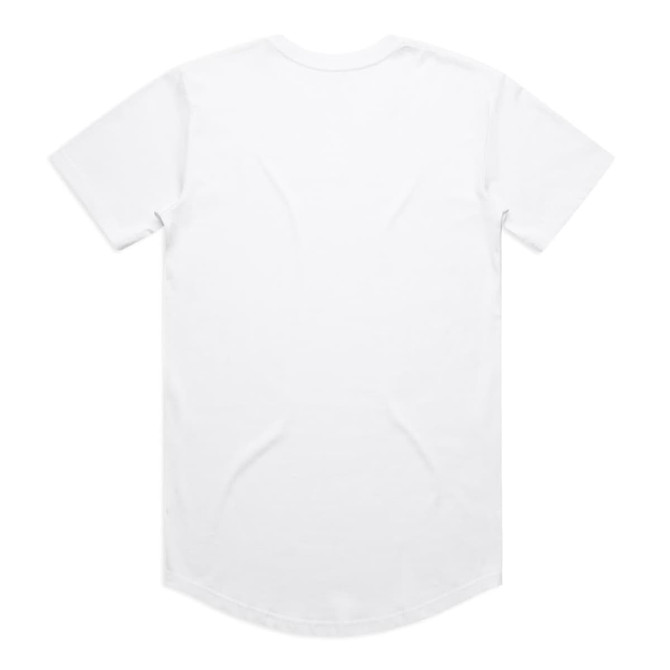 A plain white t-shirt with a rounded hem, featuring a branding logo on the back.