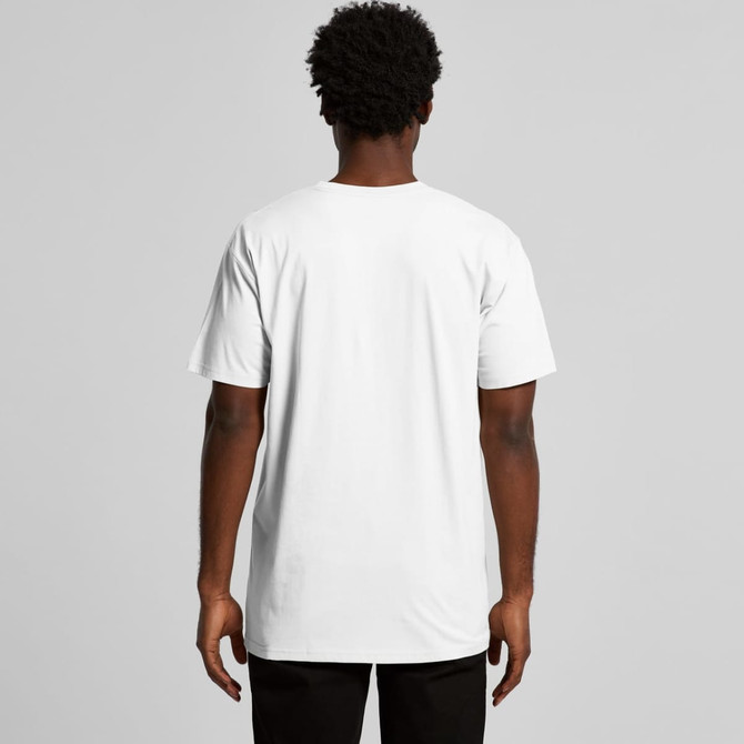 A white T-shirt featuring a straight cut and short sleeves, with a logo on the back.