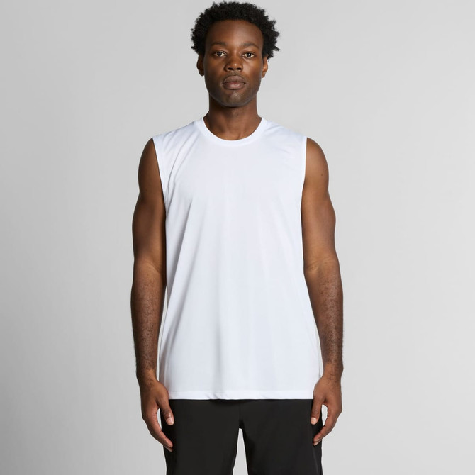 A sleeveless tank in white, featuring a round neckline and a logo, worn by a model.