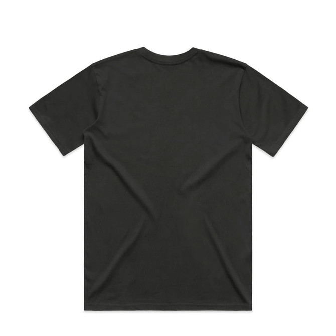 A black t-shirt featuring a plain back design and a logo or branding.