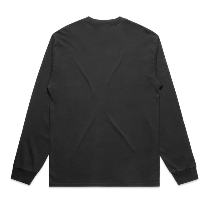 A black long-sleeve tee with a simple design and cuffed sleeves. It features a logo but is primarily plain at the back.