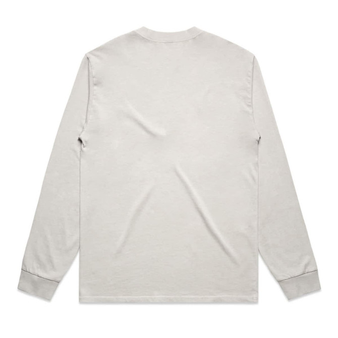 A long-sleeve tee in a faded grey colour with a simple design and a logo on the back.