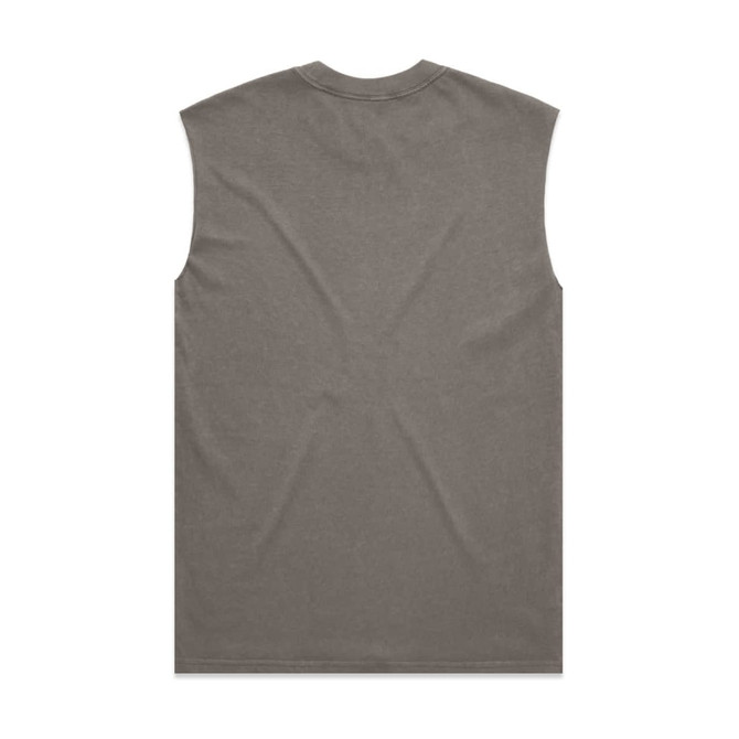 A faded olive green tank top with a sleeveless design and a plain back. Features a logo.