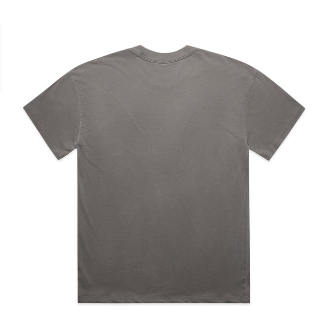 A faded grey t-shirt with a relaxed fit, featuring a simple design on the back and a logo.