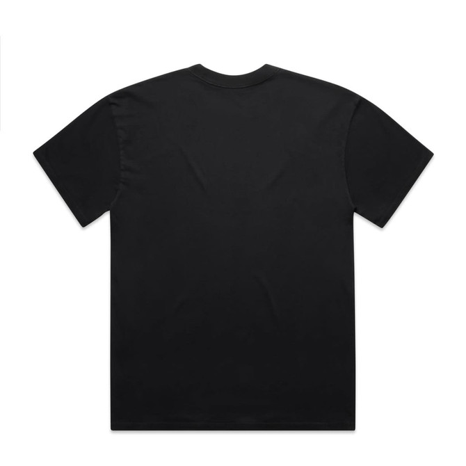 A black T-shirt with a solid back, featuring a simplistic design and a logo.