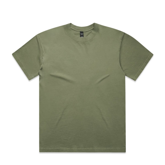 A faded green t-shirt with a round neck, short sleeves, and a branding logo.