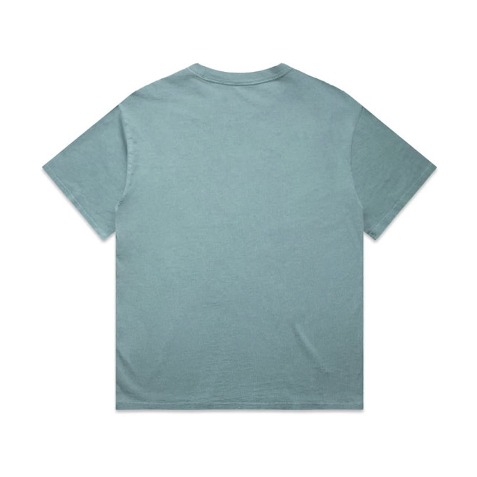 A faded blue t-shirt with a relaxed fit and short sleeves, featuring a logo on the back.