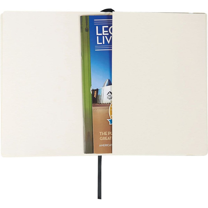 A large, ultra-soft bound journal with a cream cover, featuring a ribbon bookmark and an inner pocket.