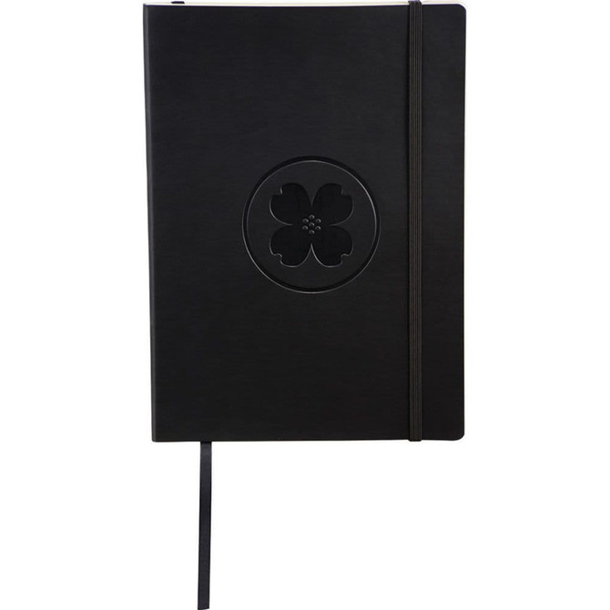 A black, ultra-soft bound journal with a floral emblem and an elastic band closure. Features a ribbon bookmark.