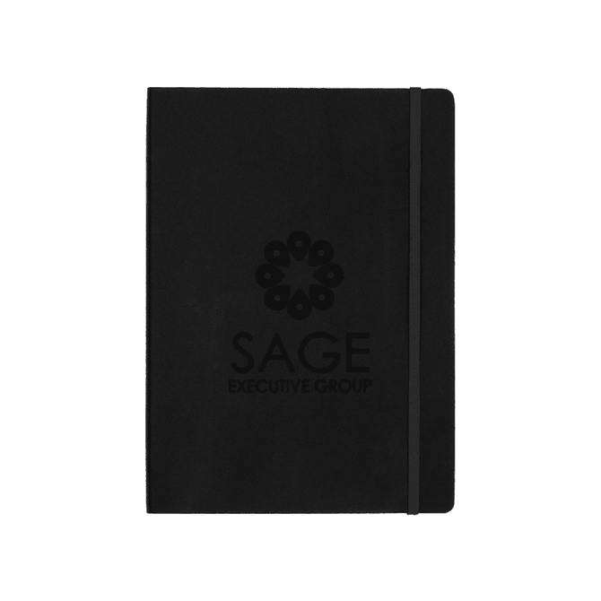 A large black bound journal with an elastic closure, featuring a logo on the cover.