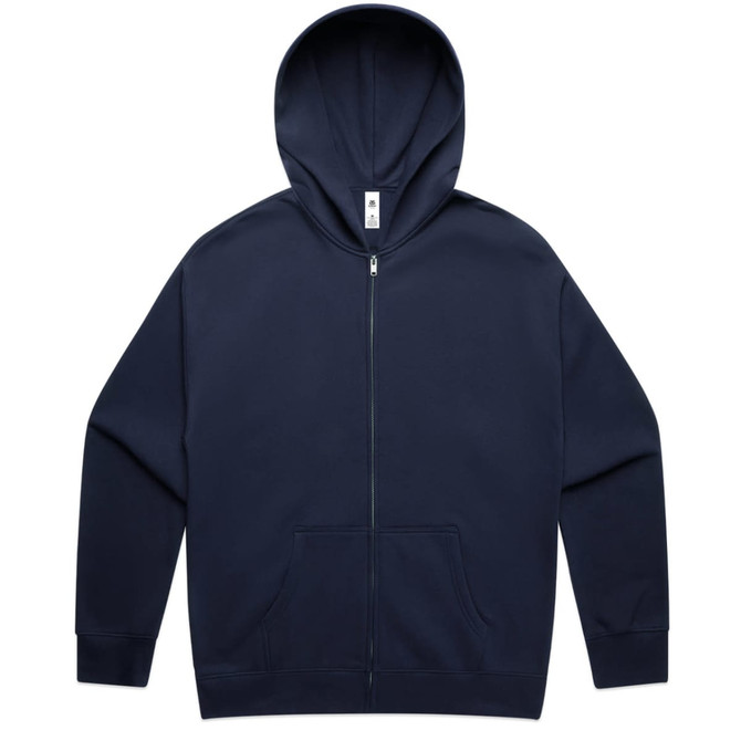 A navy zip-up hoodie featuring a front pocket and a hood. The product has a logo on the label.