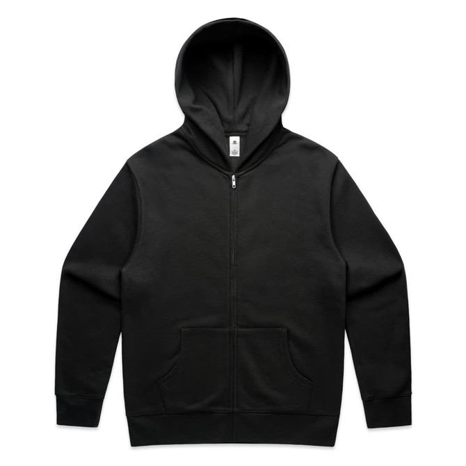 A black zip-up hoodie featuring a front pocket and a hood. It has a logo on the label.