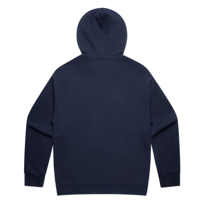A navy blue hoodie featuring a hood and long sleeves, with a plain back and a branded logo.