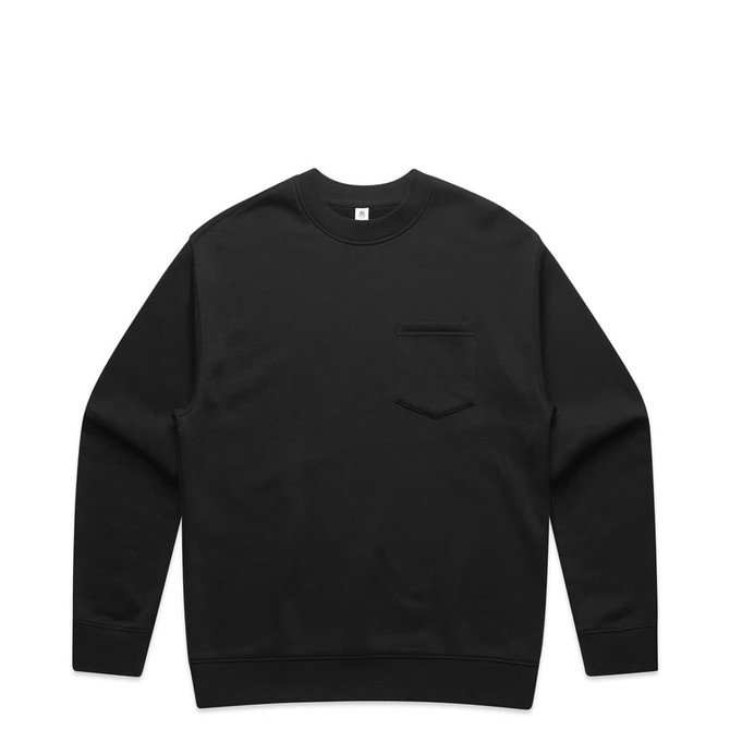 A black crew jumper with a pocket on the left chest and long sleeves, featuring a seamless design.