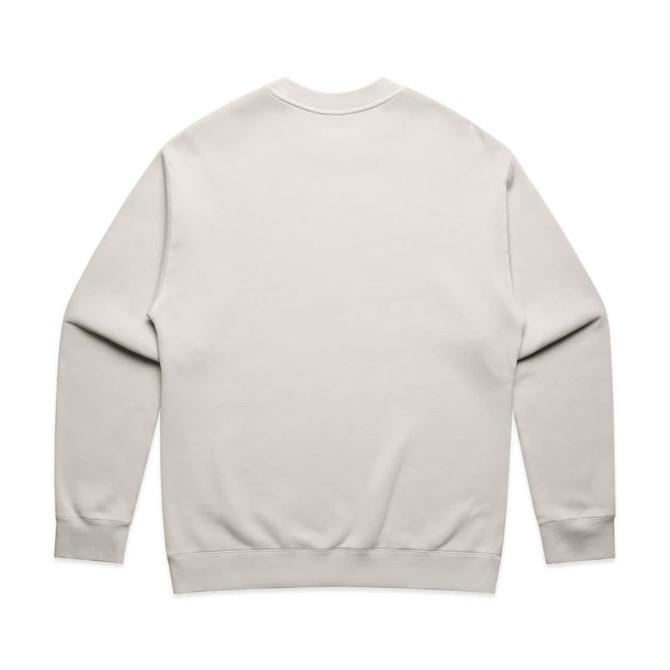 A plain grey crew jumper with long sleeves and a rounded neckline, featuring a logo on the back.