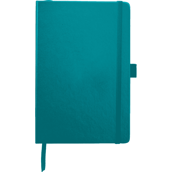 A teal notebook with a textured cover, featuring a band closure and a ribbon marker. It has a logo on the front.