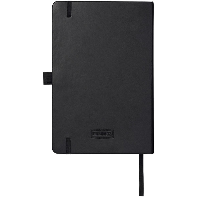 A black notebook with an elastic closure and a ribbon bookmark, featuring a subtle logo on the cover.