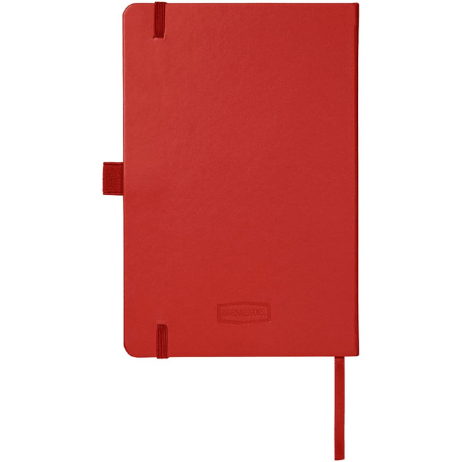 A red Nova Bound JournalBook with an elastic closure and ribbon bookmark. It features a logo on the front cover.
