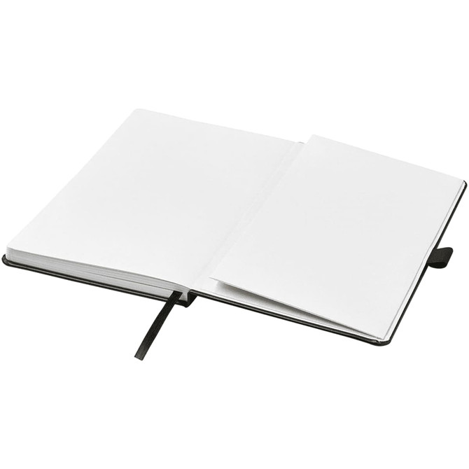 An open Nova Bound JournalBook with blank white pages, featuring a black cover and a bookmark ribbon.