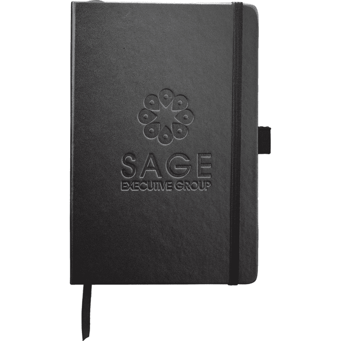 A black bound journal with an embossed logo and a ribbon bookmark.