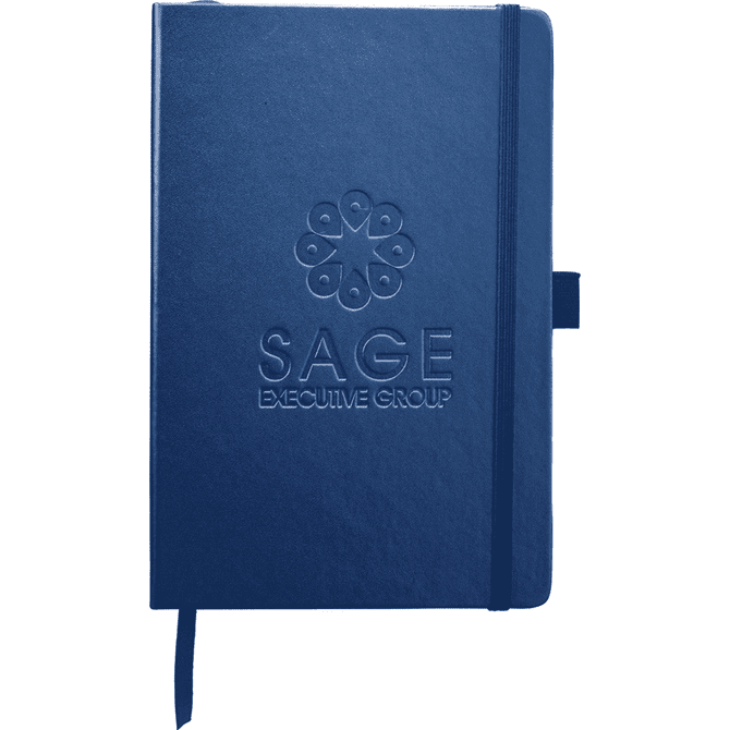 A navy blue journal with a textured cover, featuring an embossed logo and a matching elastic band.