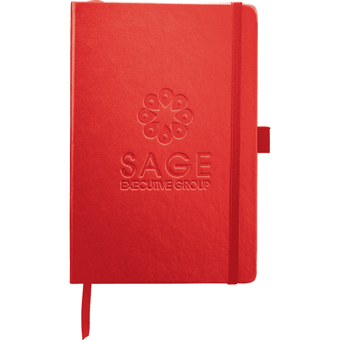 A red journal with a textured cover, featuring an embossed logo and an elastic closure band.