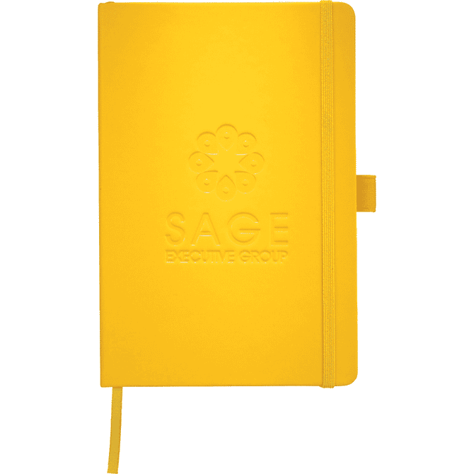 A yellow notebook with a textured cover and an elastic band closure, featuring a branding logo on the front.