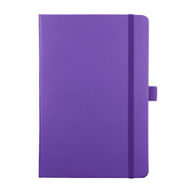 A purple journal with a textured cover, featuring a band closure and a small logo on the front.