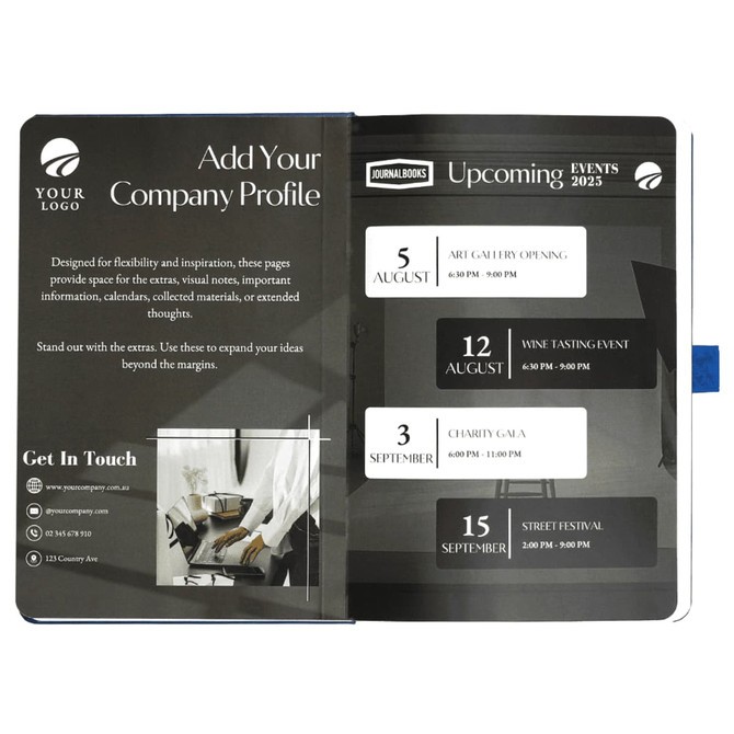 A journal with a navy cover featuring event details, a logo, and a sleek interior design for organisation.