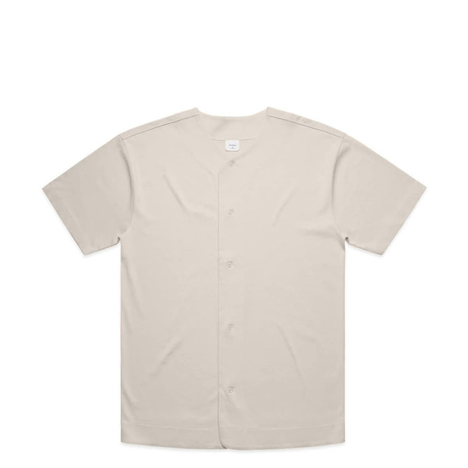 A light beige heavy baseball jersey with short sleeves and a front button closure. It features a logo on the chest area.