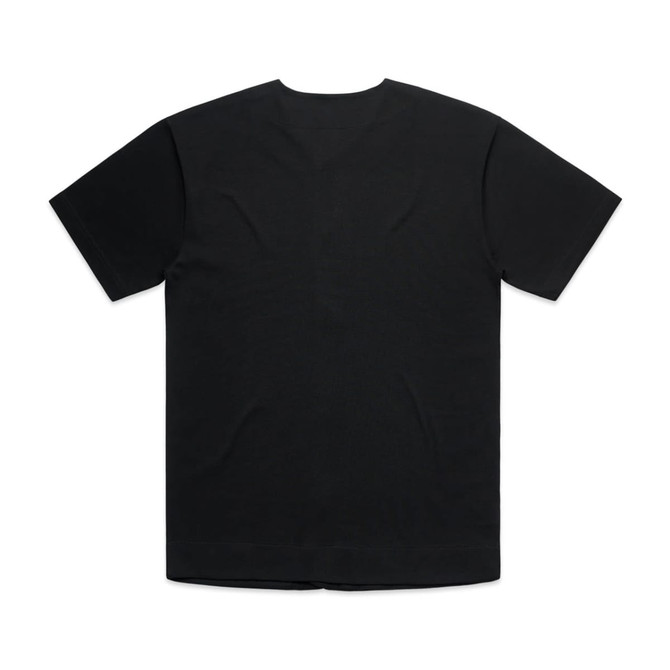 A black heavy baseball jersey with a simple design and short sleeves, featuring a logo on the front.