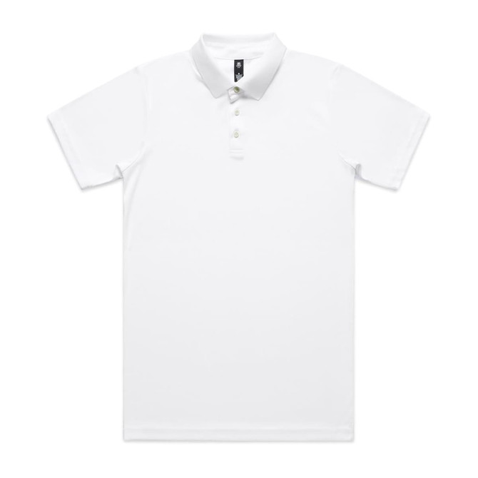 A white polo shirt with a collar and buttons, featuring a logo on the chest. Suitable for workwear.