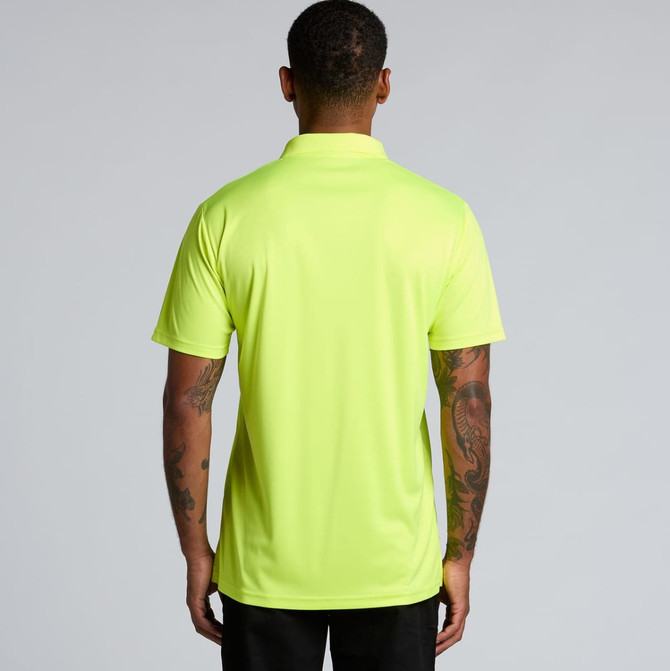 A bright yellow polo shirt featuring a collar and short sleeves, shown from the back. It includes a logo.