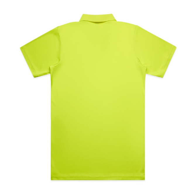 A bright yellow polo shirt featuring a collar and short sleeves, with a logo on the back.