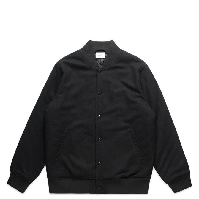 A black felt bomber jacket with a button-up front and two side pockets, featuring a logo.