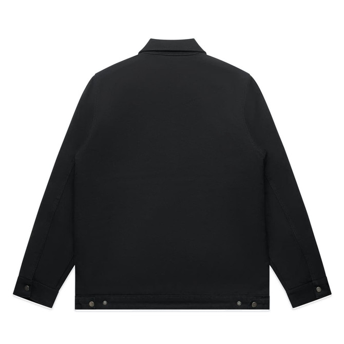 A black canvas heavy jacket featuring a collar and button detailing on the cuffs and hem, with a logo on the back.