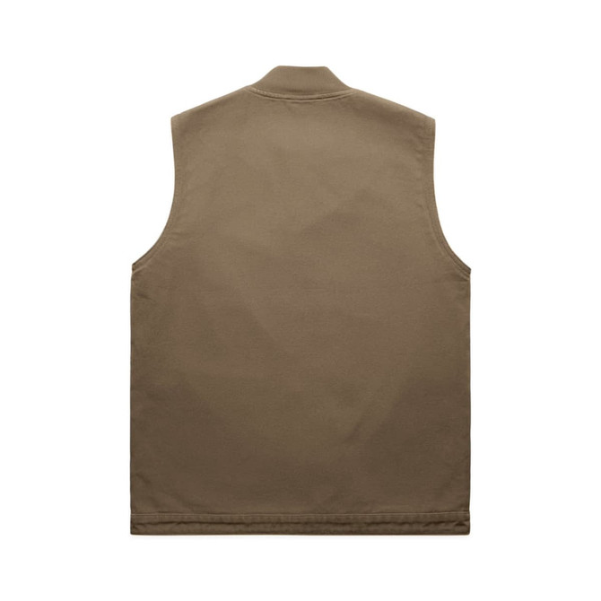 A khaki heavy vest with a simple design, featuring a collar and no sleeves. It includes a logo.