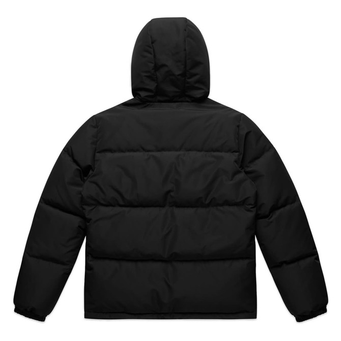 A hooded puffer jacket in black, featuring a quilted design and a logo on the back.