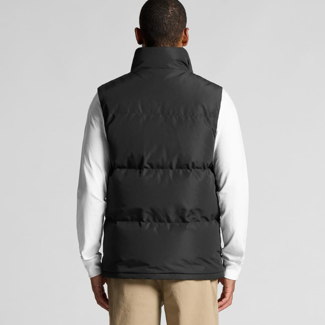 A black puffer vest with a high collar, featuring a simple design and a logo on the back.